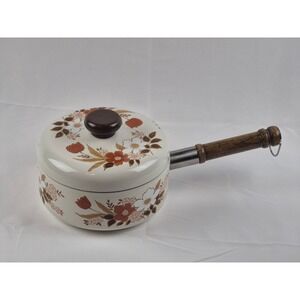 Kingsbury‎ Dogwood Collection Enamel Saucepan with Lid Vintage Japan Wood Handle